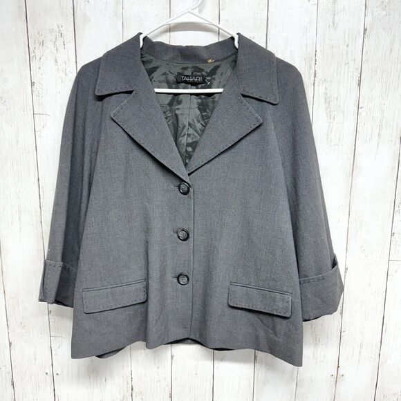 Tahari Blazer Women Size 12 Grey Button Down Cuffed Jacket Polyester Business - Picture 1 of 5